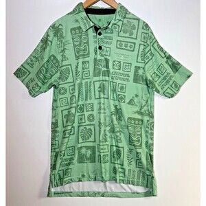 Sunday Crew Polo Shirt Mens Medium Green Aloha Hawaiian Tiki UPF 50+ Performance
